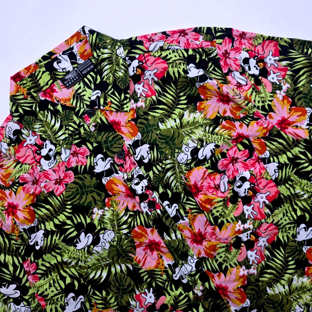 Disney Mickey Mouse Mens Tropical Hawaiian Shirt Floral Hibiscus Cotton MD Multi